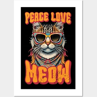 Peace Love Meow, Retro Groovy Style Hippie Cat Lover Design Posters and Art
